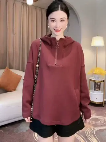 欧货设计感小众半拉链连帽卫衣女早秋季时尚减龄宽松长袖外套上衣图片