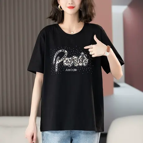中年妈妈短袖T恤女夏季新款加大码女装宽松休闲烫钻纯棉显瘦体恤商品大图