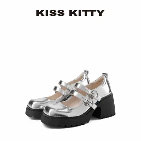 KISSKITTY复古法式玛丽珍高跟鞋粗跟银色单鞋女新款配裙子小皮鞋图片