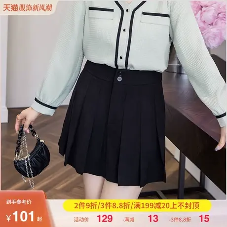 绮娑大码女装裤裙短款2023年秋季新款黑色百褶宽松显瘦胖妹妹mm商品大图