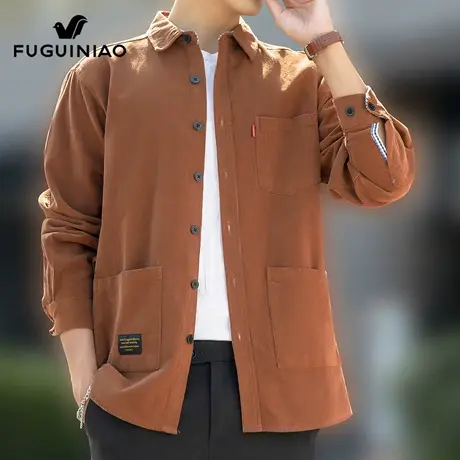 富贵鸟纯棉长袖衬衫男士灯芯绒上衣服秋季潮流休闲工装衬衣外套男商品大图
