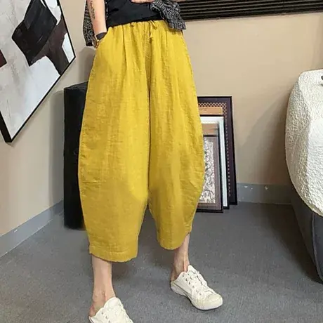 网红款2025夏季新款超火棉麻八分休闲裤复古百搭舒服哈伦裤萝卜裤商品大图