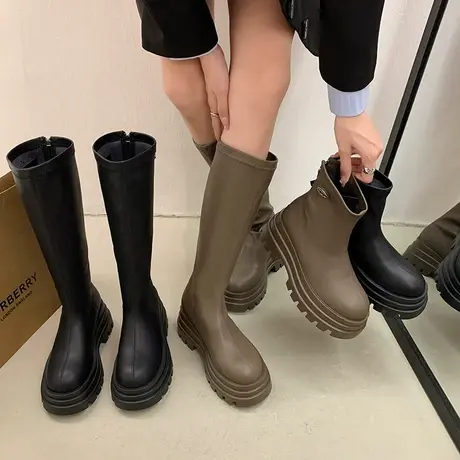 马丁靴女2023年春秋季新款时尚法式小腿时装靴子粗跟高跟长筒靴子商品大图