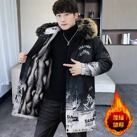 渐变色派克服男冬季大毛领连帽棉衣外套男士国潮牌中长款保暖棉服图片