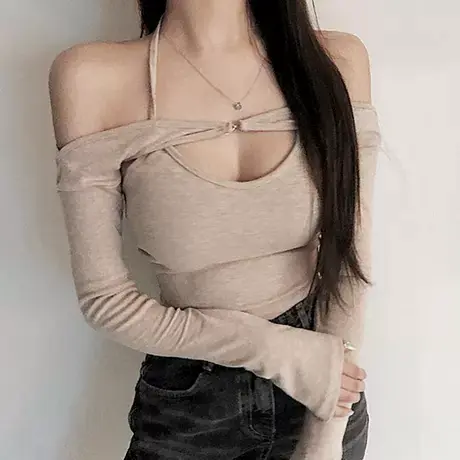 值得入 YI177性感辣妹风~挂脖显胸紧身吊带上衣T恤图片