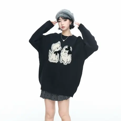 黑色圆领小狗毛衣女春秋新款宽松松弛慵懒风情侣款套头针织衫上衣图片