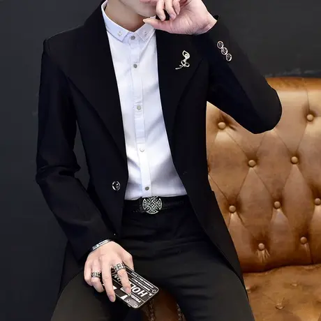 秋季风衣男中长款韩版修身潮流休闲小西装外套男士春秋装帅气大衣图片