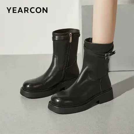 意尔康女鞋秋冬季女士高端真皮中筒靴复古休闲粗跟皮鞋单靴瘦瘦靴商品大图