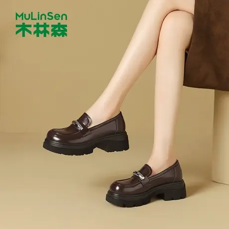 木林森女鞋2025新款秋百搭厚底粗跟乐福鞋一脚蹬女士金属浅口单鞋图片