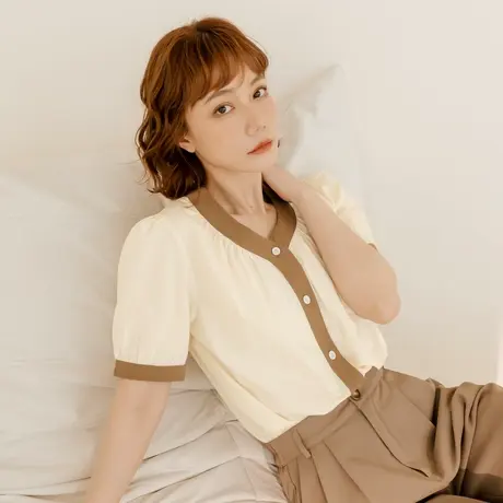 桔熊夏季通勤复古V领衬衫舒适撞色短袖上衣女装胖妹妹大码AB18759商品大图