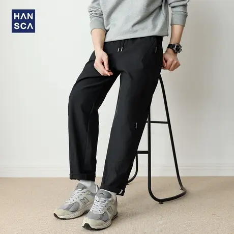 hansca黑色直筒休闲裤男秋季新款宽松抽绳高密防风拼接贴布长裤子商品大图