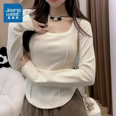 PG真维斯女装2025秋季新款 设计感小众内搭修身显瘦U领长袖T恤商品大图