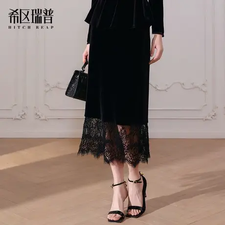 希区瑞普2025年秋季新款高定新品蕾丝拼接丝绒半身裙气质优雅长裙图片