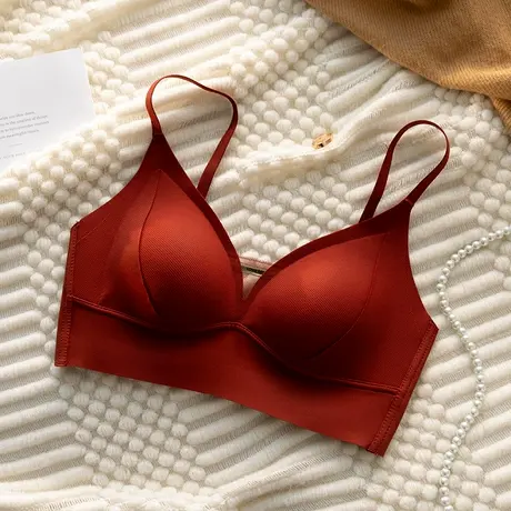 薄款红色内衣女无痕提拉舒适聚拢胸罩无钢圈收副乳上托防下垂文胸商品大图