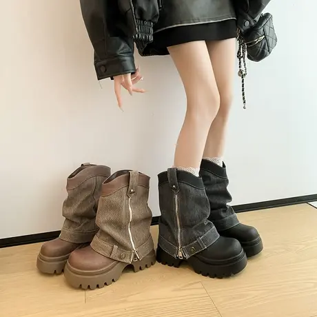 复古厚底裤管靴女2025年秋季新款百搭气质马丁靴增高小个子堆堆靴商品大图