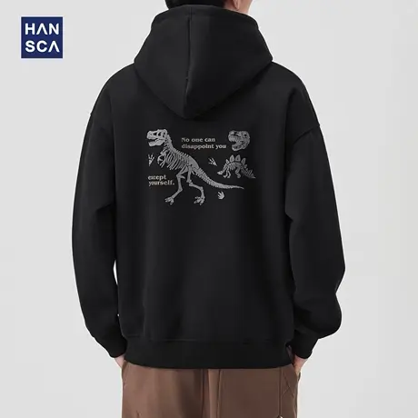 hansca秋季趣味印花连帽卫衣男2025新款420g重磅日系复古保暖上衣图片