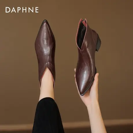 达芙妮尖头短靴女2026冬季加绒粗跟法式踝靴复古中跟妈妈靴马丁靴图片