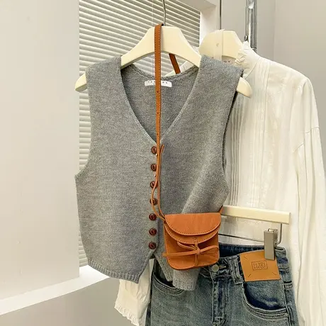 唐狮秋冬毛衣女复古简约V领开衫针织马甲外穿百搭高级感上衣TM商品大图
