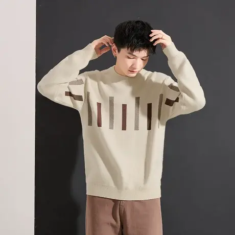 唐狮秋冬季新款毛衣男生圆领商务休闲撞色拼块针织上衣宽松百搭TE图片