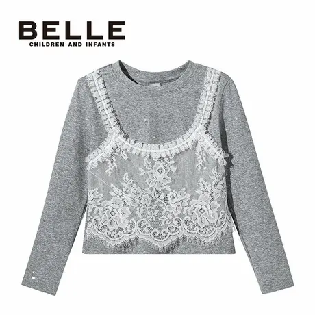 百丽童装宝宝长袖T恤女童蕾丝长袖假两件图片