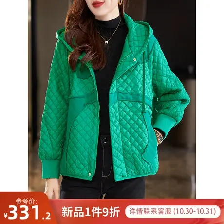 宝诗黎连帽拼接宽松格子外套女长袖拉链开衫2023秋季新款休闲上衣商品大图