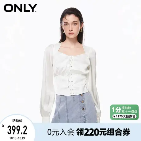 【买5免1】ONLY奥莱2023夏季新款时尚通勤风方领满印短款套头雪纺商品大图
