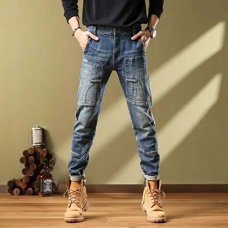 美式牛仔裤男款修身小脚印花宽松破洞牛仔裤男水洗潮流百搭牛仔图片