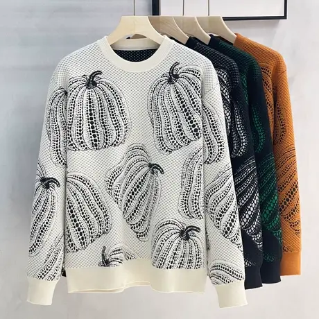 新款爆款立体南瓜提花毛衣男宽松厚实冬季美式圆领针织衫毛线衣潮商品大图