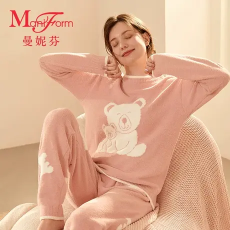 曼妮芬睡衣女士秋冬圆领长袖长裤起居套装舒适暖绒家居服20320546图片