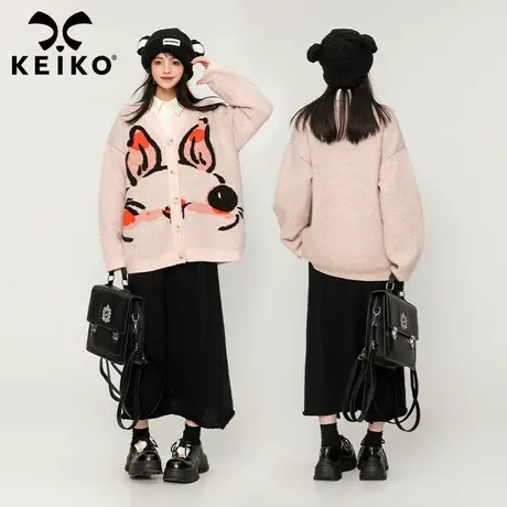 KEIKO 慵懒风兔子提花粉色毛衣外套23秋冬甜美风宽松加厚针织开衫商品大图