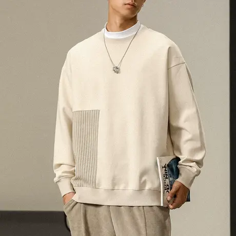 圆领时尚大码卫衣秋冬款纯色男款帅气卫衣空心离拼色小贴标卫衣图片