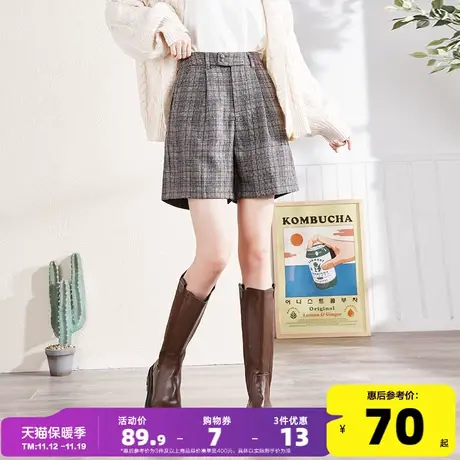 唐狮秋冬季新款休闲裤中短裤女高腰外穿格子裤女宽松直筒百搭气质商品大图