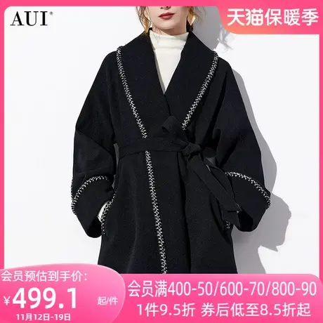 AUI黑色御姐气质短款毛呢外套女2023秋冬新款小个子修身呢子大衣图片