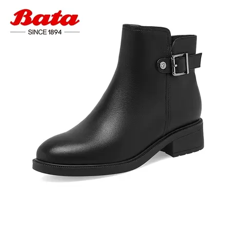 Bata时装靴女2022冬商场新款粗跟百搭牛羊皮通勤短筒靴A5016DD2图片