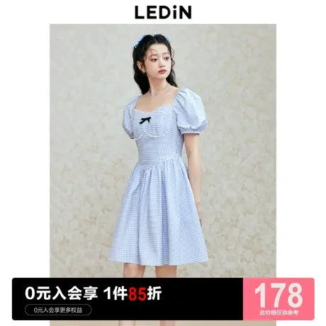 乐町精致方领连衣裙23夏季新款女装收腰泡泡袖蓝格在逃公主裙图片