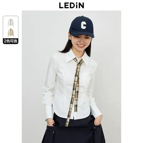 乐町新品胸前口袋精致刺绣学院风收腰衬衫2023年秋季女生简约衬衣商品大图