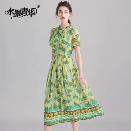 水墨青华夏季新品清爽花色中长款大摆裙显瘦修身短袖连衣裙商品大图