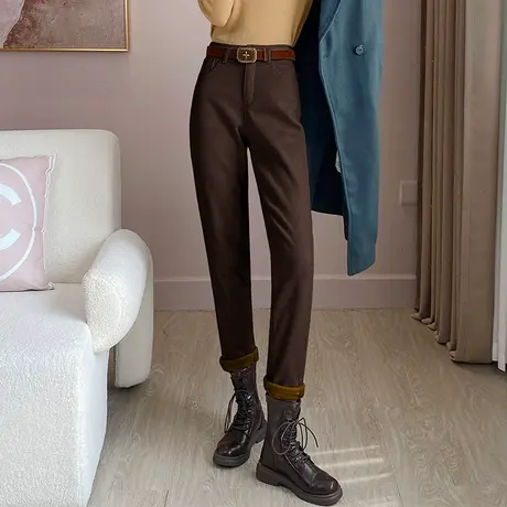 丽洁女裤咖色纯棉牛仔裤女2023年冬季新款宽松休闲哈伦裤加绒加厚商品大图