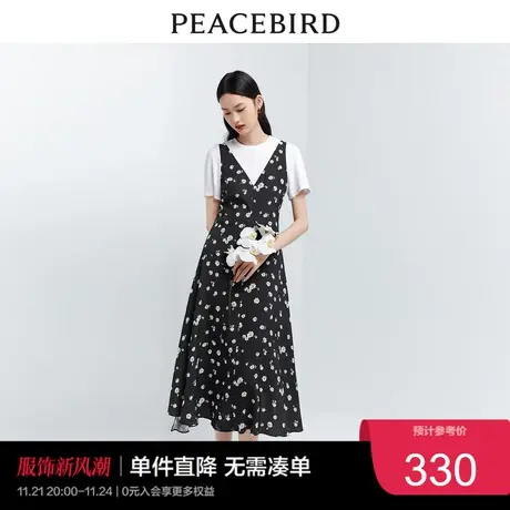 太平鸟 2023年夏季假两件拼接连衣裙印花V领高腰气质长裙奥莱图片