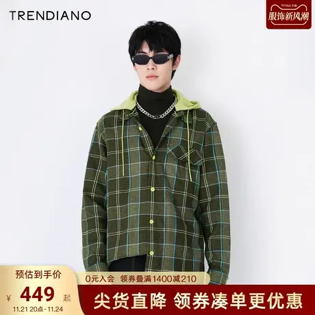 TRENDIANO潮牌秋冬衬衣粗纹色织格子假两件连帽长袖衬衫男商品大图