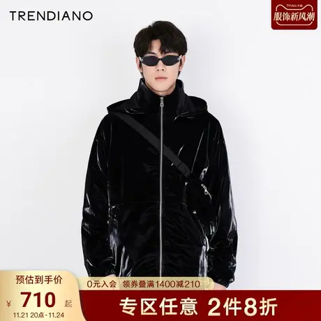 TRENDIANO潮牌新款春季亮面鲨鱼皮配挎包抽绳连帽休闲外套男商品大图
