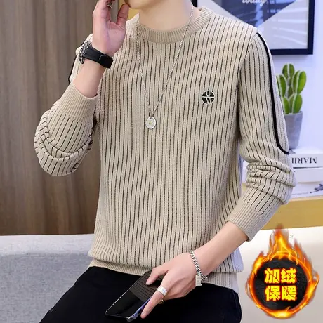 毛衣男加绒加厚潮牌帅气时尚条纹羊毛衫上衣秋冬季保暖针织打底衫商品大图