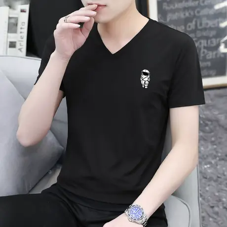 莫代尔短袖t恤男潮牌潮流V领黑色上衣服夏季冰丝半袖体恤衫打底衫商品大图