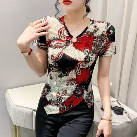 不规则上衣女短袖欧货性感V领开叉T恤ins气质印花小衫修身体恤夏商品大图