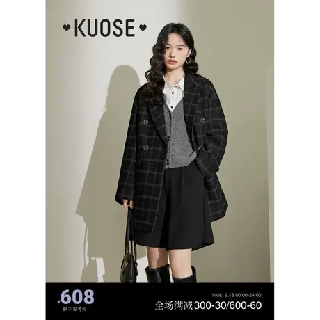 阔色英伦风格子西装外套女2023新款秋冬季复古中长款呢子大衣商品大图