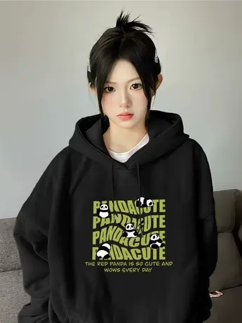 国潮熊猫连帽卫衣女2023年春秋季新款薄款百搭显瘦学生带帽上衣潮图片
