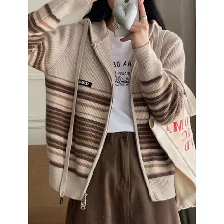 早秋连帽针织开衫女装2024新款爆款复古毛衣外套女春秋款上衣洋气商品大图