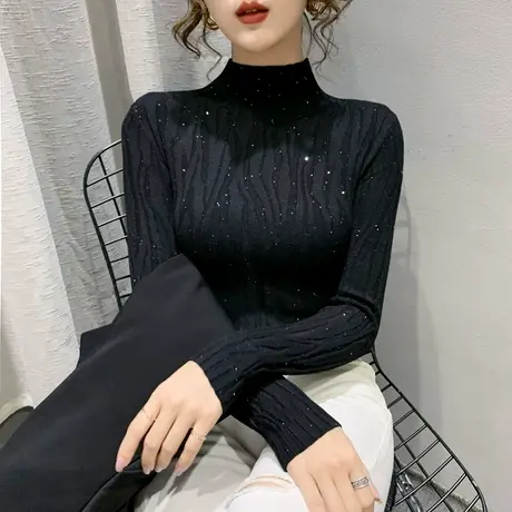 半高领毛衣女套头2023秋冬新款韩版打底衫内搭上衣外穿亮片针织衫图片