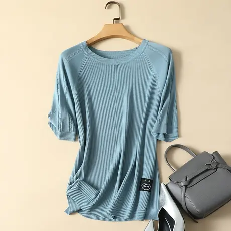 春装2024年新款中袖冰丝针织打底衫女宽松薄款五分袖上衣短袖t恤图片