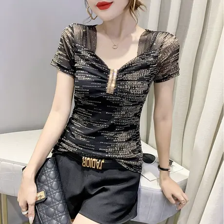 性感V领T恤女短袖夏时尚烫钻上衣网纱拼接小衫洋气显瘦体恤半袖潮商品大图